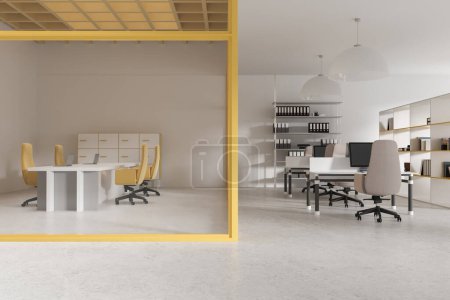 Photo for Stylish office interior with meeting space, pc computers on shared desk with divider and armchairs in row. Minimalist glass meeting room with furniture. 3D rendering - Royalty Free Image