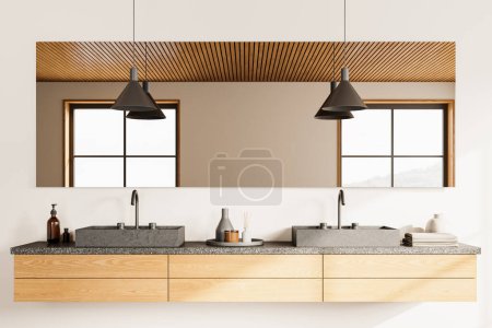 Photo for Interior of stylish bathroom with white walls, comfortable gray double sink standing on wooden counter and big horizontal mirror hanging above it. 3d rendering - Royalty Free Image