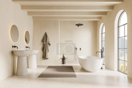 Photo for Interior of stylish bathroom with white walls, concrete floor, cozy white bathtub standing near arched window, walk in shower and comfortable double sink with two round mirrors. 3d rendering - Royalty Free Image