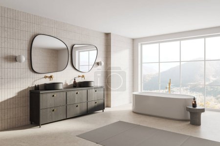 Photo for Corner view of hotel bathroom interior with double sink, vanity with accessories and light concrete floor. Bathing space with panoramic window on countryside. 3D rendering - Royalty Free Image