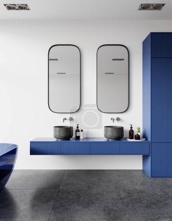 Téléchargez les photos : Intérieur de salle de bain moderne minimaliste avec murs blancs, sol carrelé et double lavabo avec deux miroirs rectangulaires arrondis et lavabos gris. Rendu 3d - en image libre de droit