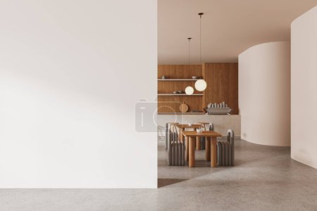 Foto de Interior moderno café con mesas y sillas, barra de bar con cafetera. Cocina y comedor en restaurante minimalista. Simular partición de pared vacía en blanco. Renderizado 3D - Imagen libre de derechos