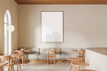 Photo for Corner of modern restaurant with white walls, concrete floor, square tables with wooden chairs and gray sofa standing near arched windows. Vertical mock up poster. 3d rendering - Royalty Free Image