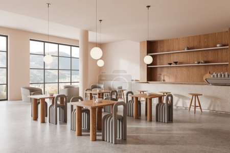 Photo for Corner view of cozy cafe interior with eating zone, chairs and tables in row on concrete floor. Bar counter with coffee maker, meeting zone with panoramic window on countryside. 3D rendering - Royalty Free Image