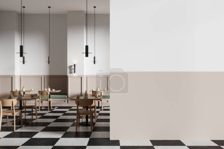 Photo for White and beige restaurant interior with wooden chairs and tables with dishes, checkered floor. Cozy cafe dinning zone with mock up empty empty wall partition. 3D rendering - Royalty Free Image