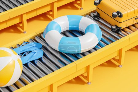 Téléchargez les photos : Une valise jaune, une bouée de sauvetage, des tongs et une balle de plage sur un tapis roulant, concept de préparation au voyage. Rendu 3D - en image libre de droit