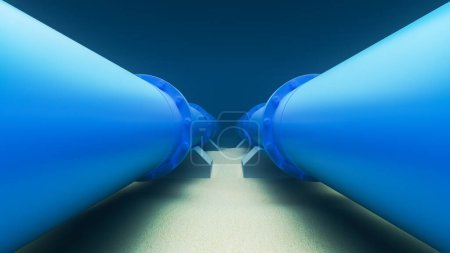 Zwei große blaue Rohre für den Gas- oder Öltransport vor Tiefseehintergrund, die die Unterwasser-Pipeline-Infrastruktur symbolisieren. 3D-Rendering