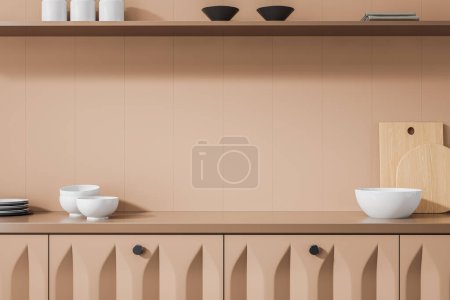 Photo for Minimalist beige home kitchen interior with dishes and kitchenware on counter, cutting board and plates. Closeup of cooking area in modern apartment. 3D rendering - Royalty Free Image
