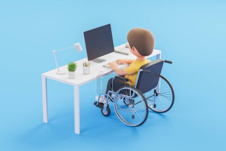 Foto de Vista trasera del hombre de negocios de dibujos animados en silla de ruedas con computadora trabajando en la mesa de la oficina. Concepto de trabajo para minusválidos. renderizado 3d - Imagen libre de derechos