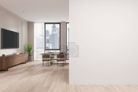 Photo for White and beige dining room interior with wooden hardwood floor, beige walls, window with skyline and wall mounted TV set hanging above dresser. White and beige living room interior. 3d rendering - Royalty Free Image