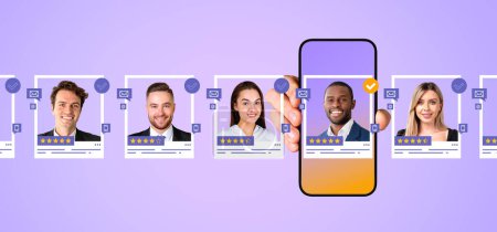 Photo for Hand of businessman holding smartphone with HR app and candidate portraits over purple background. Concept of human resources and recruitment - Royalty Free Image