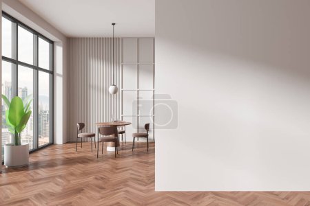 Foto de Moderna zona de comedor con vistas a la ciudad, suelo de madera y paredes blancas, concepto de interior de la casa con espacio para copiar. Renderizado 3D - Imagen libre de derechos