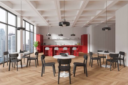 Photo for Modern kitchen interior with dining area, red cabinets, skyscraper city background, contemporary design, 3D Rendering. - Royalty Free Image