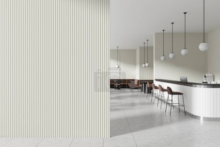Foto de Interior moderno café con pared en blanco, muebles contemporáneos, y luces colgantes, concepto de un espacio de maqueta. Renderizado 3D - Imagen libre de derechos