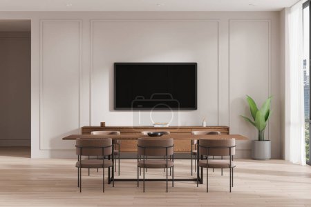 Moderne Wohnzimmereinrichtung mit leerem TV-Bildschirm, Holzmöbeln und großen Fenstern, Konzept der Wohngestaltung. 3D-Rendering