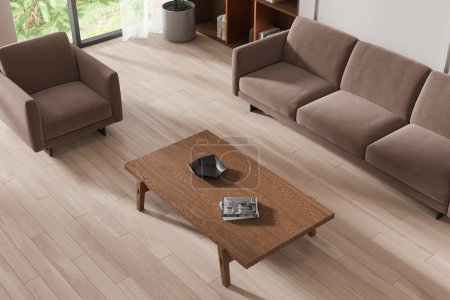 Foto de Moderno interior de la sala de estar con sillón, sofá, mesa de centro de madera y suelos de parket, concepto de confort y estilo, 3D Rendering. Renderizado 3D - Imagen libre de derechos