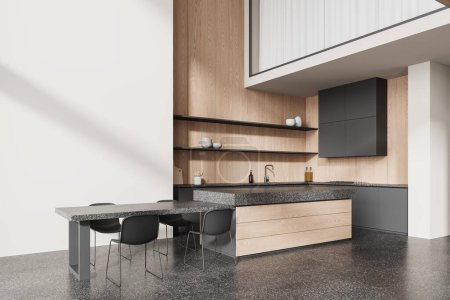 Photo for Corner of modern kitchen with white and wooden walls, stone floor, comfortable gray cabinets with built in sink and cozy gray and wooden island with chairs. 3d rendering - Royalty Free Image