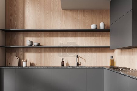 Foto de Interior de la elegante cocina con paredes de madera, cómodos gabinetes grises con fregadero incorporado, acogedores armarios grises y estantes para platos. renderizado 3d - Imagen libre de derechos