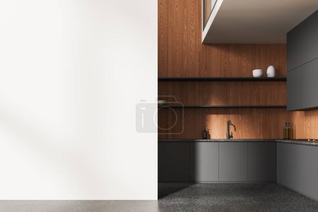 Foto de Interior de la elegante cocina con paredes de madera y blanco, suelo de piedra, cómodos armarios grises y armarios con fregadero incorporado y pared de espacio de copia a la izquierda. renderizado 3d - Imagen libre de derechos