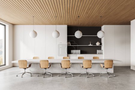 Foto de Moderno interior de negocios con mesa de conferencias de hormigón y sillas de madera, estante con carpetas y decoración. Ventana panorámica en el campo. Renderizado 3D - Imagen libre de derechos
