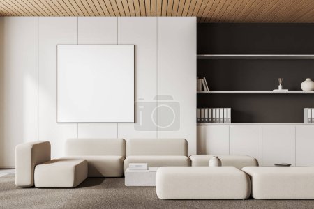 Foto de Moderno salón interior con sofá modular, mesa de centro y cajón con decoración y carpetas. Simular espacio de copia cartel cuadrado en la pared. Renderizado 3D - Imagen libre de derechos