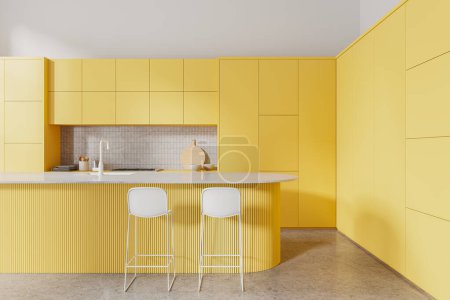 Photo for Interior of stylish kitchen with white walls, concrete floor, comfortable yellow cupboards and cabinets with built in cooker and cozy yellow island with stools. 3d rendering - Royalty Free Image