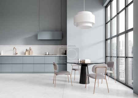 Photo for Light grey home kitchen interior with eating table and chairs, cooking cabinet with kitchenware and panoramic window on skyscrapers. Dining space with cozy design. 3D rendering - Royalty Free Image
