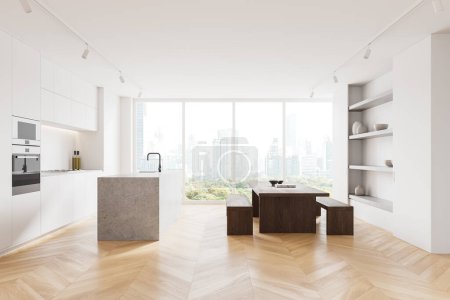 Stylish home kitchen interior with bar counter, eating table and bench on hardwood floor. Cozy cooking space with panoramic window on Bangkok skyscrapers. 3D rendering