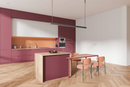Photo for Interior of stylish kitchen with white and orange walls, wooden floor, comfortable red cabinets with built in sink and cooker and cozy red island with chairs. 3d rendering - Royalty Free Image