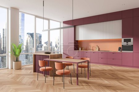 Ecke der modernen Küche mit weißen und orangen Wänden, Holzboden, komfortablen roten Schränken mit eingebauter Spüle und Herd und gemütlicher roter Insel mit Stühlen. 3D-Darstellung