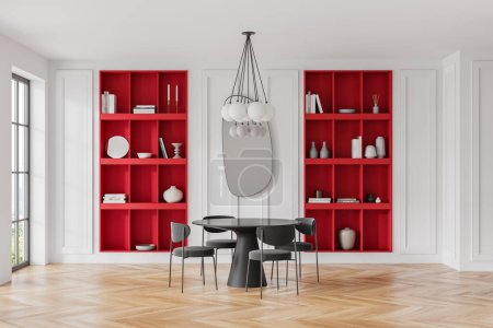 Photo for Luxury white and red home living room interior with table and chairs, shelf with books and art decoration, hardwood floor. Panoramic window on Bangkok skyscrapers. 3D rendering - Royalty Free Image
