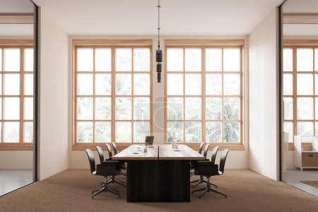 Photo for Interior of stylish office meeting room with white and glass walls, carpeted floor and long wooden conference table with gray chairs standing near big window. 3d rendering - Royalty Free Image