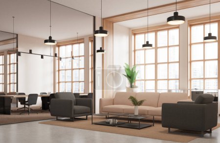 Photo for Corner of stylish office waiting room with white walls, concrete floor, comfortable beige sofa and two gray armchairs standing near coffee table and big mirror. 3d rendering - Royalty Free Image