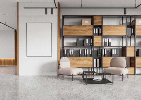 White office room interior relaxing or meeting space, two armchairs and coffee table on concrete floor. Shelf with documents or folders. Mock up copy space blank poster. 3D rendering