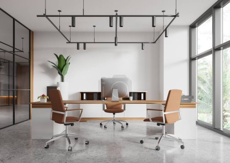 Photo for Glass ceo interior with work desk and armchairs on concrete floor. Stylish consulting space and sideboard with folders and plant. Panoramic window on tropics. 3D rendering - Royalty Free Image