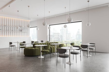 Foto de Vista de esquina del interior del restaurante con espacio para comer, mesas y sillas en fila con sofá verde. Cafetería blanca elegante y ventana panorámica de los rascacielos de Bangkok. Renderizado 3D - Imagen libre de derechos