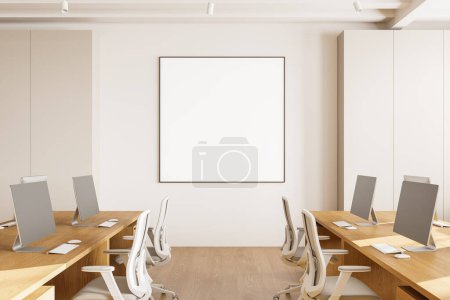 Photo for Beige coworking interior with chairs, wooden shared desks with pc computers in row, shelf on hardwood floor. Minimalist teamwork space. Mock up square canvas banner. 3D rendering - Royalty Free Image