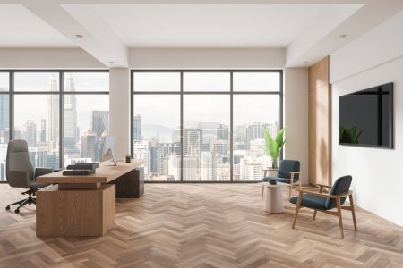 Photo for Wooden office business room interior with pc computer on desk, relax place with armchairs and tv display with plant. Panoramic window on Kuala Lumpur skyscrapers. 3D rendering - Royalty Free Image