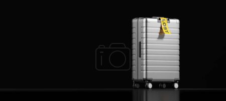 Metal hard shell travel luggage with yellow lost sticker, black empty copy space background. Concept of tourism and unclaimed baggage. 3D rendering illustration