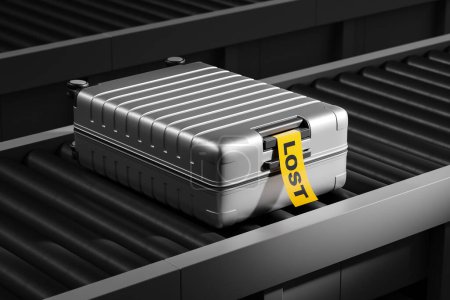Top view of metal hard shell travel luggage with yellow lost sticker, lying on a airport conveyor belt. Concept of unclaimed baggage. 3D rendering illustration
