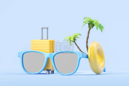 Foto de Vista de la maleta de color amarillo brillante con grandes gafas de sol bajo las palmeras. Concepto de viaje, vacaciones y descanso en la orilla del mar. renderizado 3d - Imagen libre de derechos