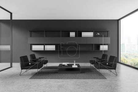 Office relax interior with black leather armchairs and coffee table, carpet on grey concrete floor. Glass waiting or chill zone with shelf, panoramic window on Bangkok skyscrapers. 3D rendering