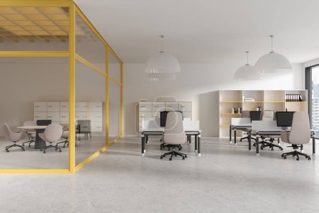 Photo for Interior of stylish open space office with white and yellow walls, concrete floor, rows of computer tables with beige chairs and glass wall conference room with round table next to it. 3d rendering - Royalty Free Image