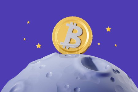 Photo for A golden Bitcoin on top of a moon surface with stars in the background, symbolizing cryptocurrency growth and aspirations. 3D Rendering - Royalty Free Image