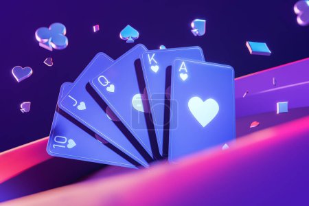 Photo for A royal flush in hearts, floating over a colorful neon-lit surface with stylized card symbols, background in vibrant blue and purple hues, concept of high-stakes poker. 3D Rendering - Royalty Free Image