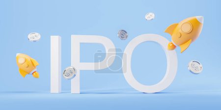 Large letters IPO with rockets and coins on a blue background, representing an initial public offering concept. 3D Rendering