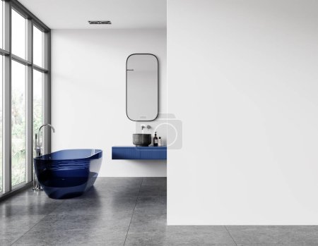 Foto de Interior de baño elegante con paredes blancas, suelo de baldosas, bañera transparente azul y lavabo. Copie la plantilla de pared de espacio ubicada a la derecha. renderizado 3d - Imagen libre de derechos