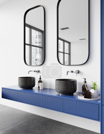 Téléchargez les photos : Coin de salle de bain moderne minimaliste avec murs blancs, sol carrelé et double lavabo avec deux miroirs rectangulaires arrondis et lavabos gris. Rendu 3d - en image libre de droit