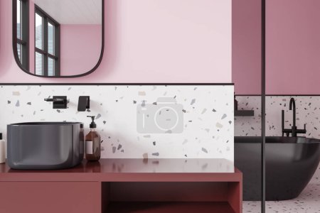 Photo for Modern pink hotel bathroom interior with sink, glass partition and black tub on background. Colored bathing space with panoramic window. Luxury contemporary apartment. 3D rendering - Royalty Free Image