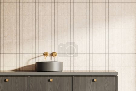 Luxury bathroom interior with washbasin and golden faucet, wooden vanity shelves and empty copy space tile wall. Minimalist bathing area in modern apartment. 3D rendering